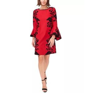 NWT MSK Red Black Floral Velvet Bell Sleeve Shift Dress Large Whimsigoth Party